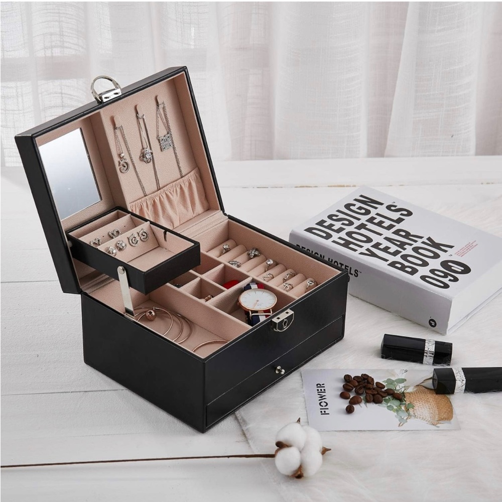 Two Layer Leather Jewelry Box Organizer with Lock Mirror for Women, Black
